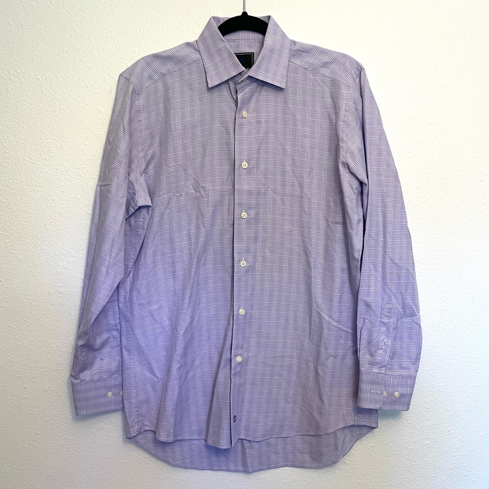 David Donahue Trim Fit Purple Plaid Long Sleeve Dress Shirt Medium 15.5 32/33